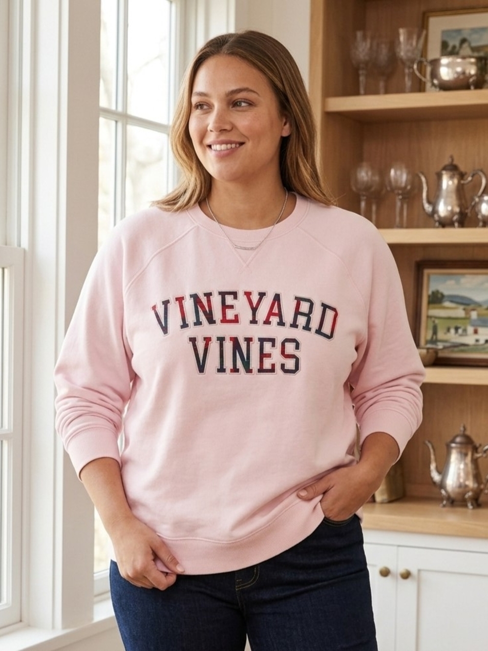 Vineyard Vines Pink Dogwood Graphic Terry Crewneck Sweatshirt Size 2X Plaid Logo